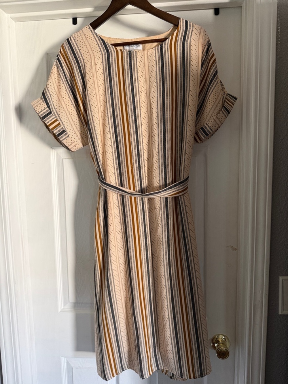 Beige Striped Belted Midi Dress with Gold and Gray Accents
